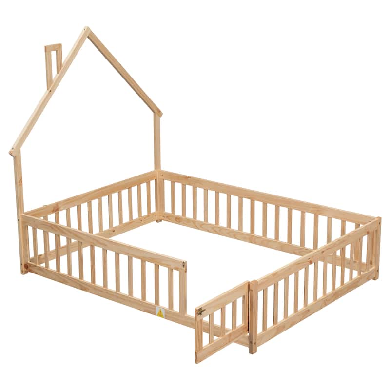 Toddler Floor Bed with House-Shaped Headboard, Fence and Door, No Slats House Floor Bed Frame for Children's Room Kids Bed
