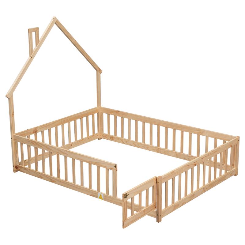 Twin House-Shaped Headboard Floor Bed with Fence, Fun & Safe Kids Bed