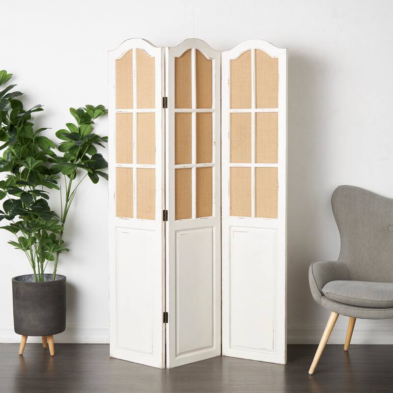 Beige Wood Hinged Foldable Partition 3 Panel Partition Room Divider Screen with Burlap Window Pane Design - Beige