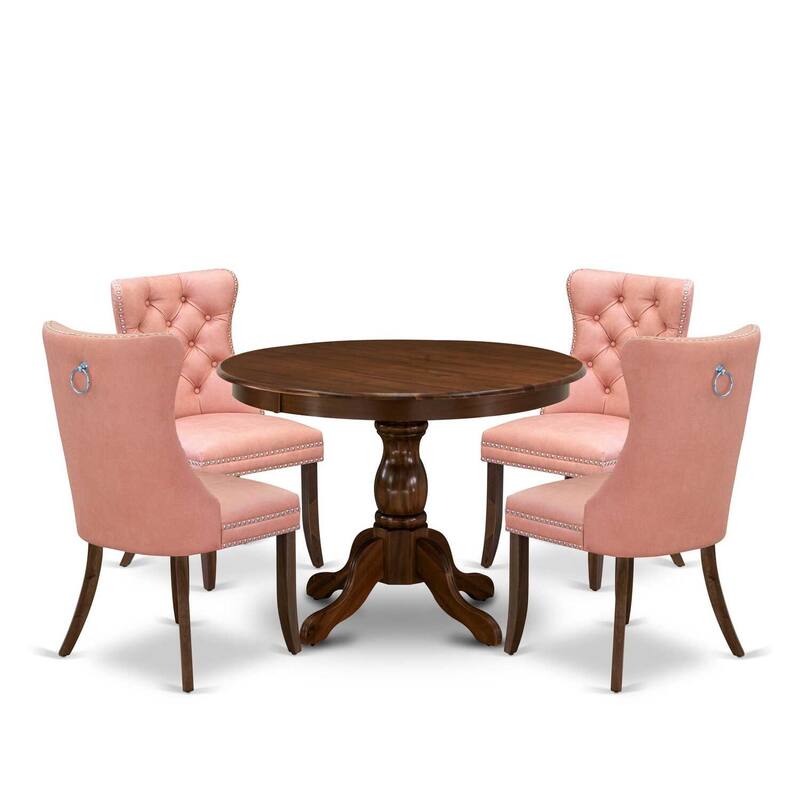 Modern 5 Piece Dining Set - Round Wood Table & 4 Upholstered Chairs