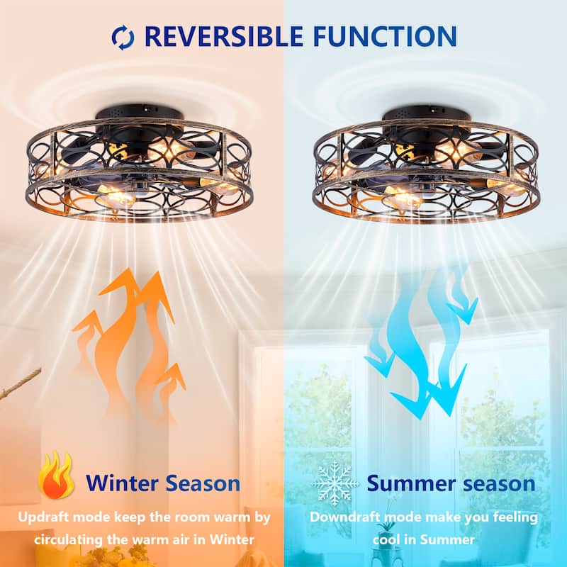 20 inch Flush Mount Ceiling Fan Light with Remote Caged Farmhouse Fandelier Black Wood Low Profile