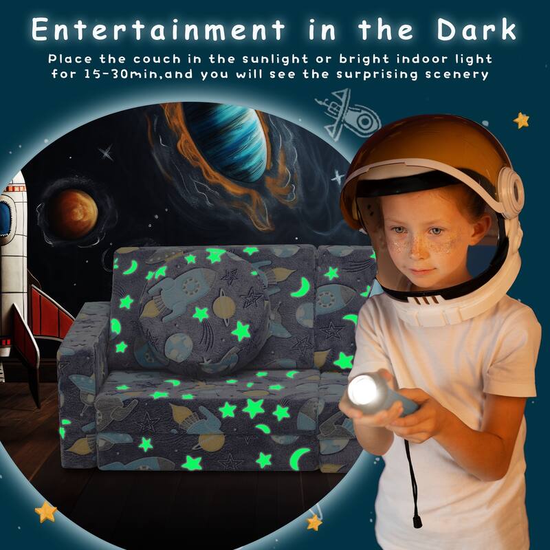 EROMMY Kids Play Couch 12-Pc, Modular Toddler Sofa, Kids Couch 2 in 1, Kids Sofa, Glow in The Dark Open Couch, Gifts for Kids