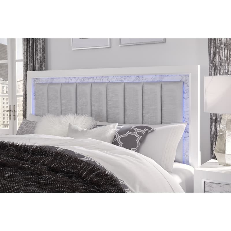 Modern Queen Bed with Lights - Upholstered Bedroom Furniture, White Finish, Faux Marble Accents