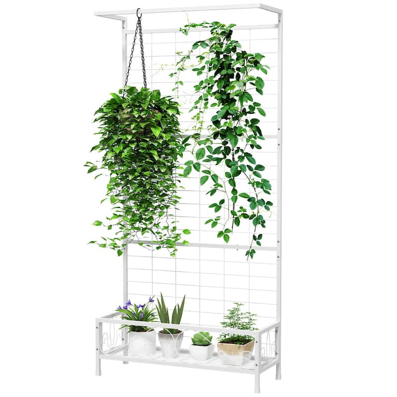 74-Inch Tall Steel Flower Stand with Trellis and Hanging Basket Roof for Garden Patio Plants - 36.2" W x 12.8" D x 74.2" H - White