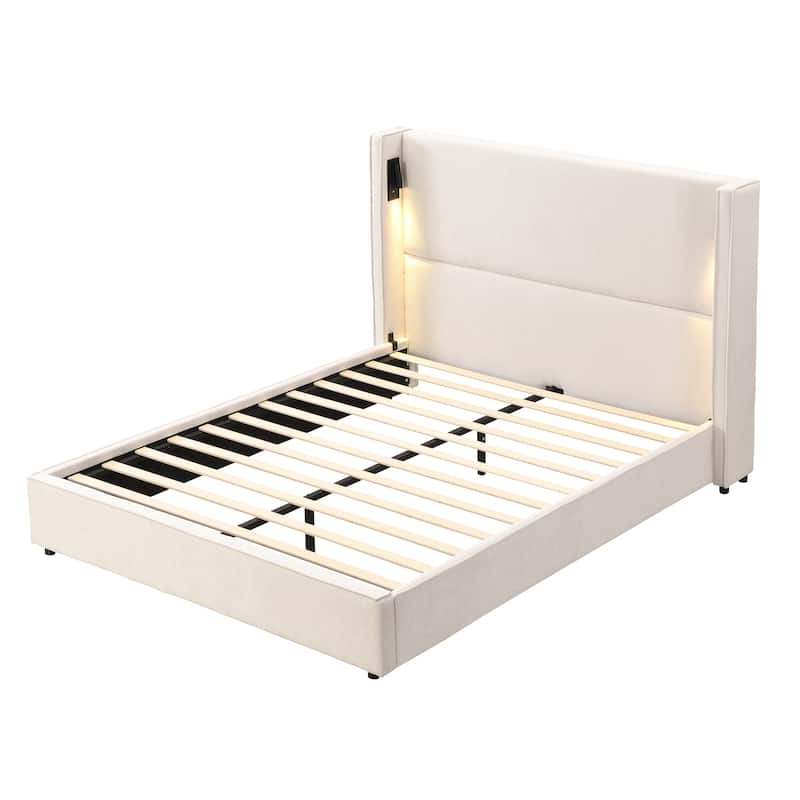 Christopher Knight Home- Cassie Upholstered Bed Frame with Reading Lamp & USB Port