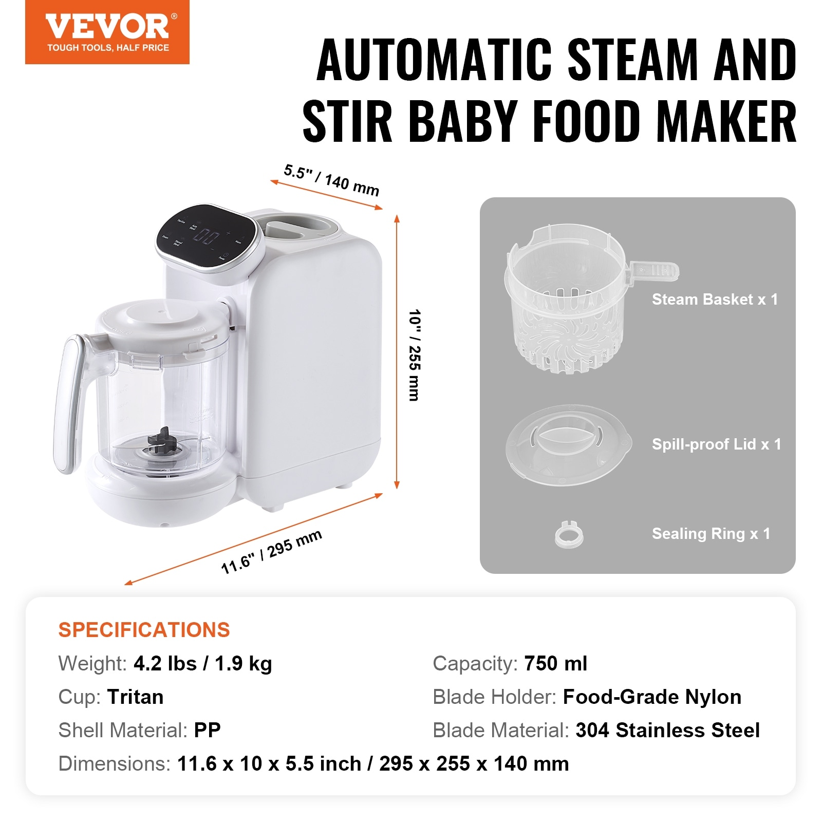 VEVOR Baby Food Maker 500W Baby Food Processor with 300 ml Glass Bowl SUS304 Stainless Steel 4-Blade Baby Food Puree Blender Steamer Grinder for