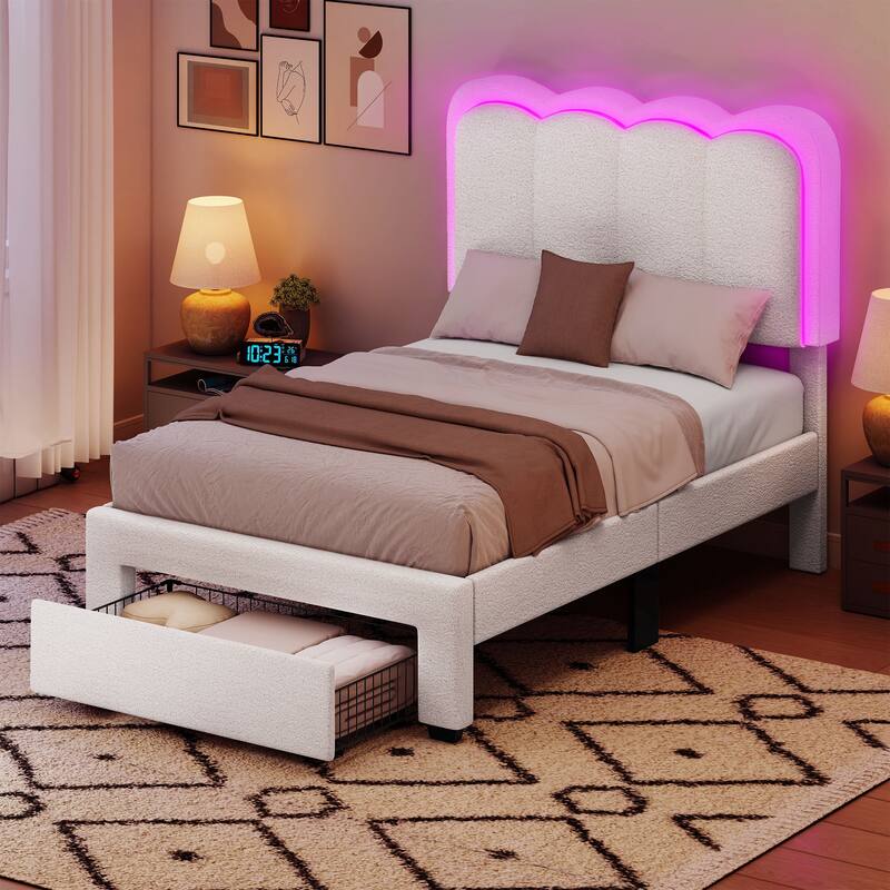 Moasis Lamb Wool Bed Frame with 2 Drawer, Adjustable Headboard with Charging Station and LED Lights