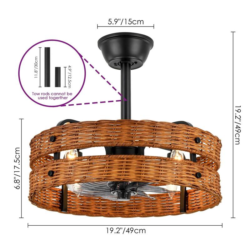 4-Light Farmhouse Brown and Black Woven Rattan Drum Ceiling Fan Lighting with Remote Control - 19.3 in. W x 6.9 in. H