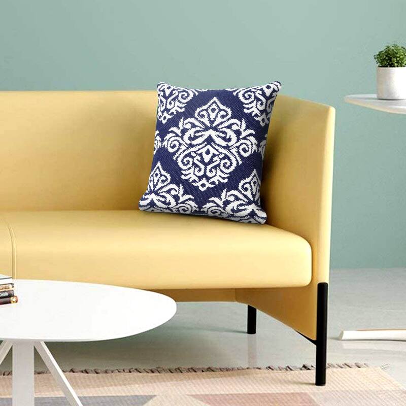 20" Blue and White Damask Pattern Square Throw Pillow