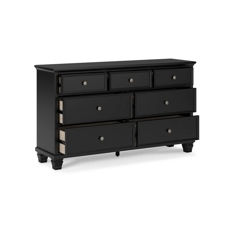 Lemo Wide Dresser, 7 Drawers, Nickel Round Knobs, Black Solid Wood