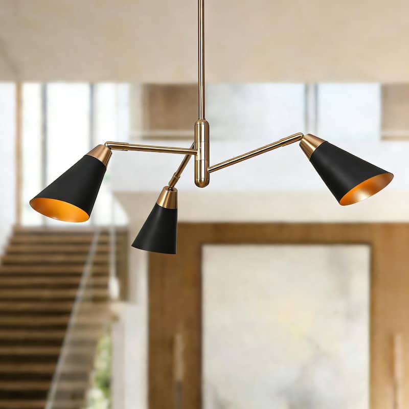 23 in Mid Century Modern 3-Arm Black and Gold Pendant Chandelier with Adjustable Metal Cone Shades for Dining Room