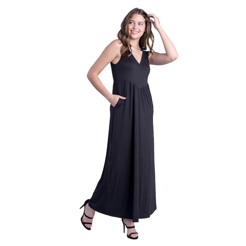 24seven Comfort Apparel Sleeveless V Neck Maxi Dress with Pocket Detail