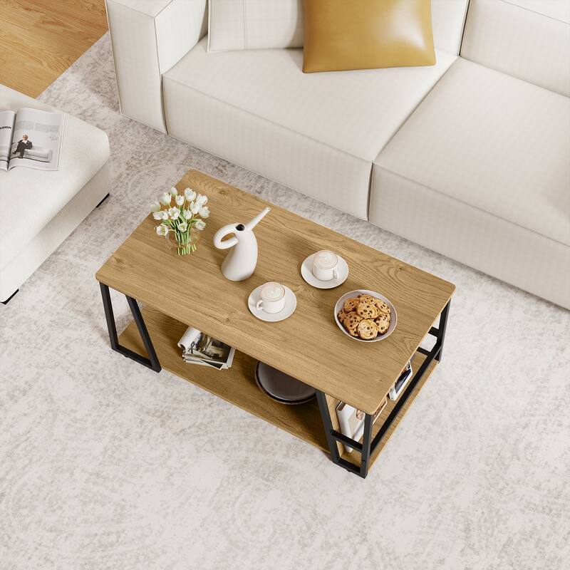 Industrial Coffee Table with Storage Shelf and Side Compartment Rectangle Wood and Metal Accent Table for Living Room