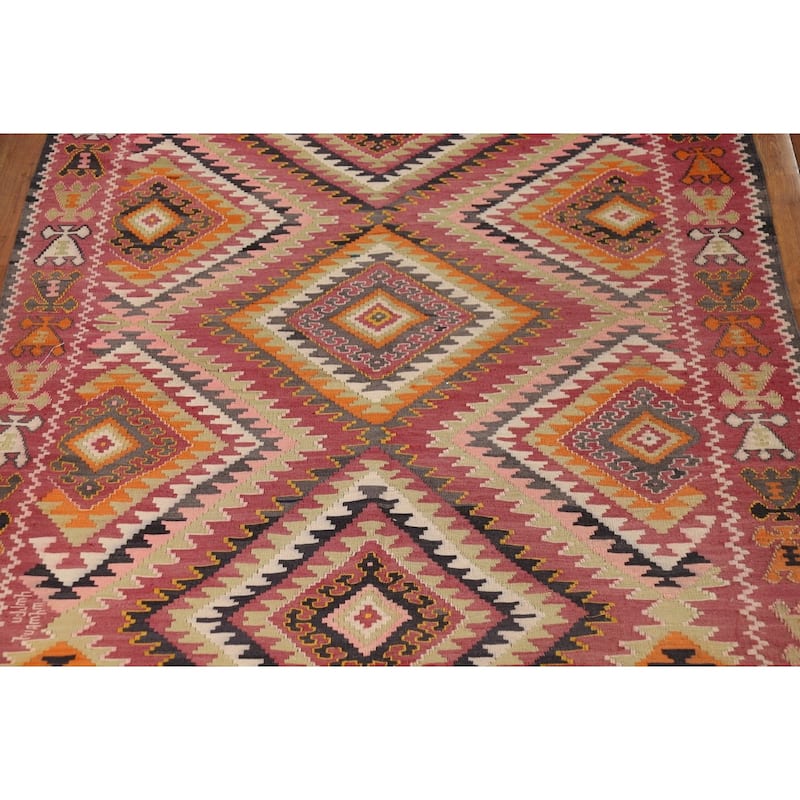 100% Pink Geometric Kilim Persian Vintage Area Rug Wool Carpet - 5'5"x 9'2"