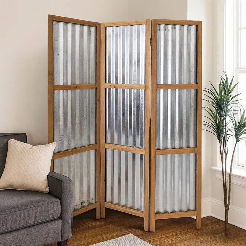 Industrial 3 Panel Foldable Screen with Corrugated Design,Silver and Brown
