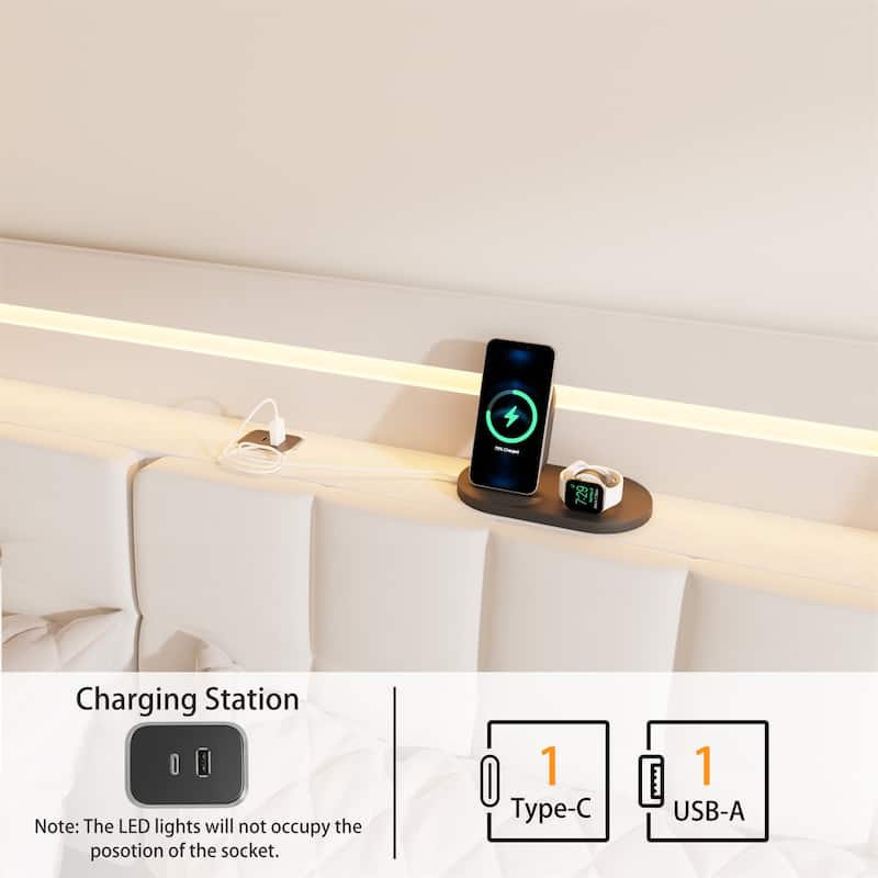 King Size Floating Bed Frame with LED Light and Charging Station