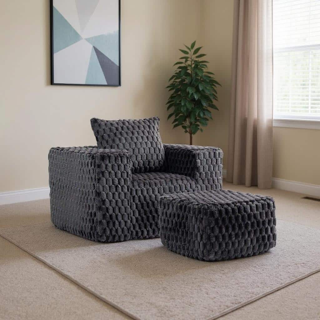 HomeRoots 42" Charcoal Chenille Arm Chair With Ottoman - 42.00 in. x 23.00 in. x 35.00 in.