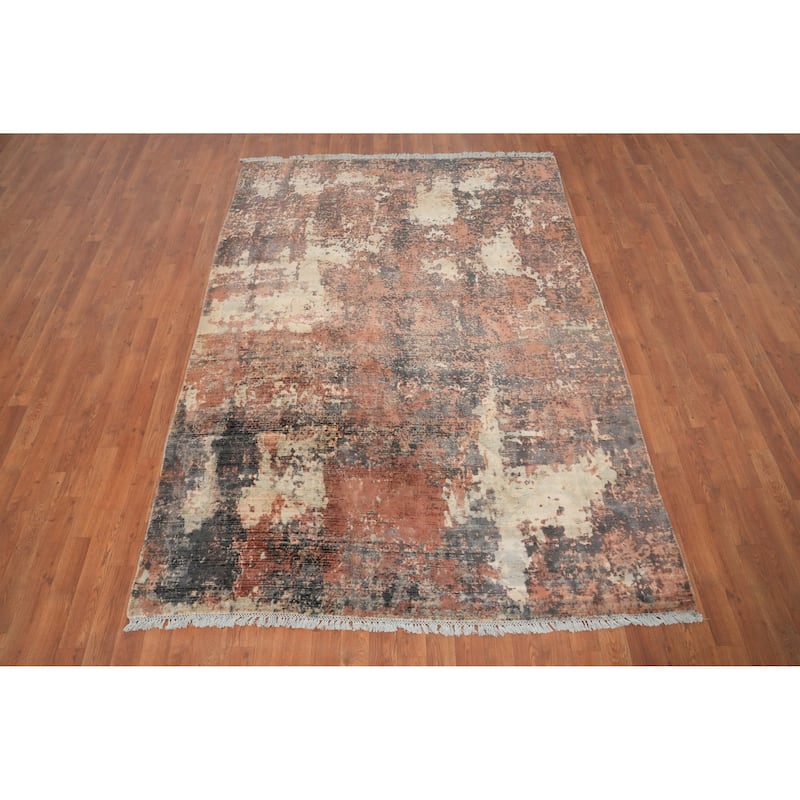 Hand Knotted Oriental Viscose Silk Carpet Modern All-Over Oranges & Rust Abstract Area Rug - 8' 0'' X 5' 7''