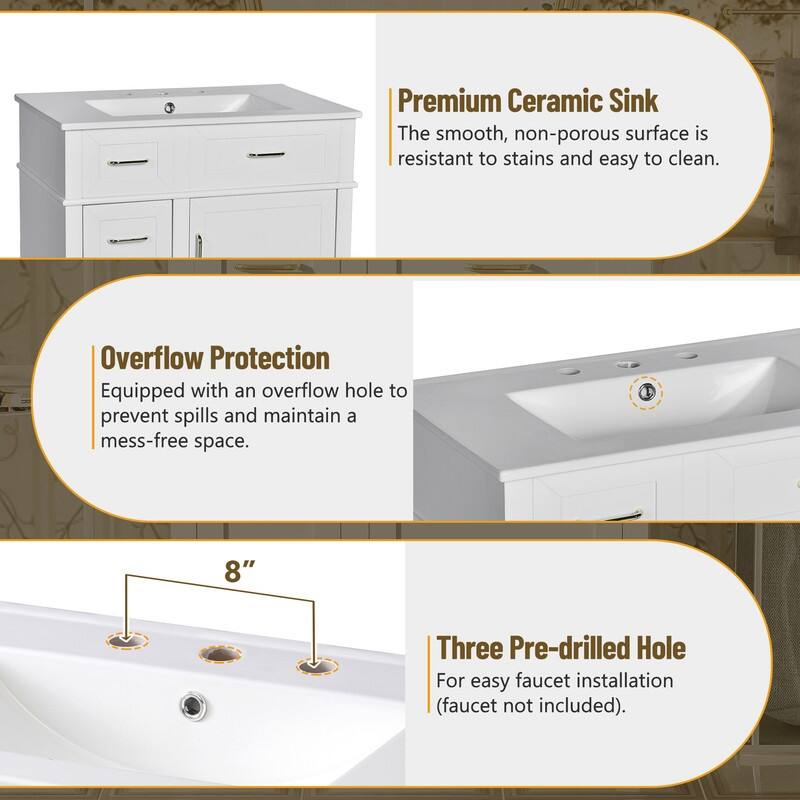 Modern Freestanding Bathroom Vanity with 30-Inch Ceramic Sink, Soft Close Storage Cabinet with 3 Drawers & Adjustable Shelf