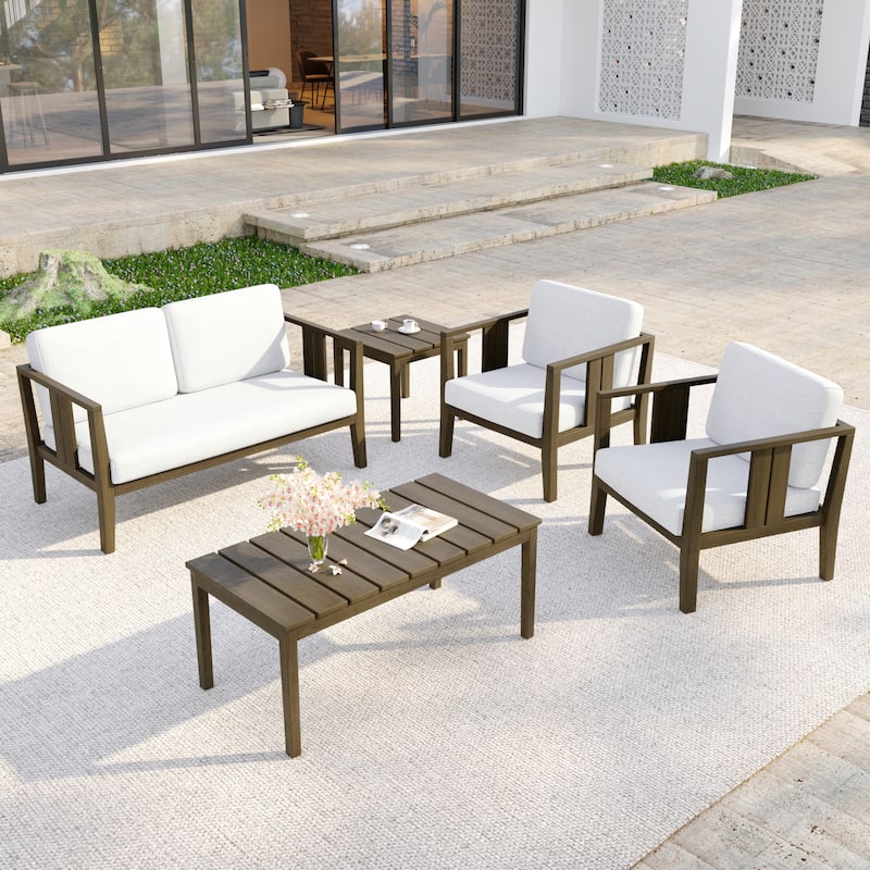 5-Piece Casual Outdoor Patio Furniture Set In Solid Teak Wood - Natural Wood - Beige