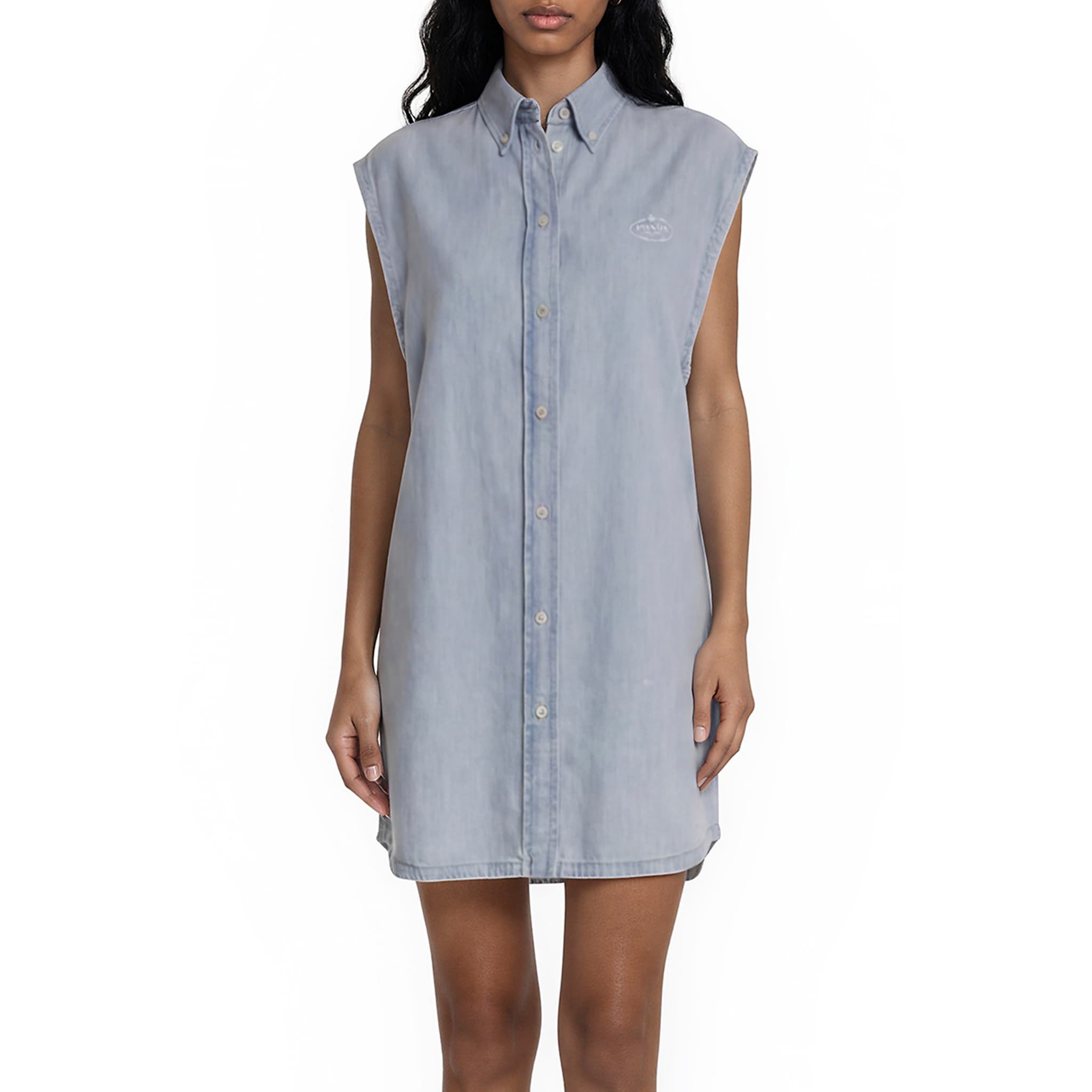denim dress prada Prada Logo Plaque Denim Dress - Blue