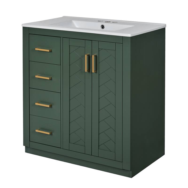30" Bathroom Vanity with Ceramic Sink - Solid Wood Frame, 3 Drawers & 2 Soft-Close Doors - Modern Freestanding Storage Cabinet