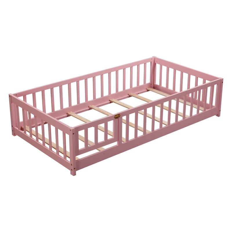 Floor Bed with Fence,Door and Safety Guardrails,Ideal for Kids' Play and Sleep