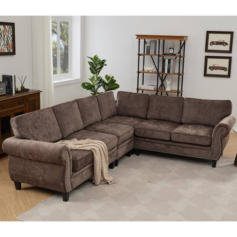 109.5" Chenille 6-Seater L-Shaped Sofa with Rolled Armrests