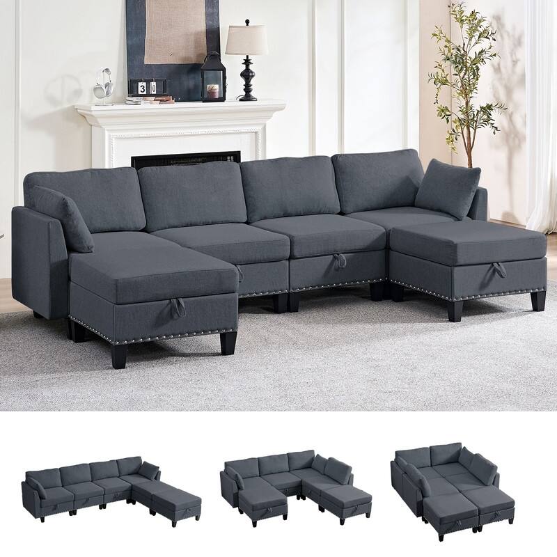 Mixoy Rivet Design Flexible Combination Reversible 4-Seater Modular Sofa with Storage Ottomans,Linen Convertible Sleeper Sofa