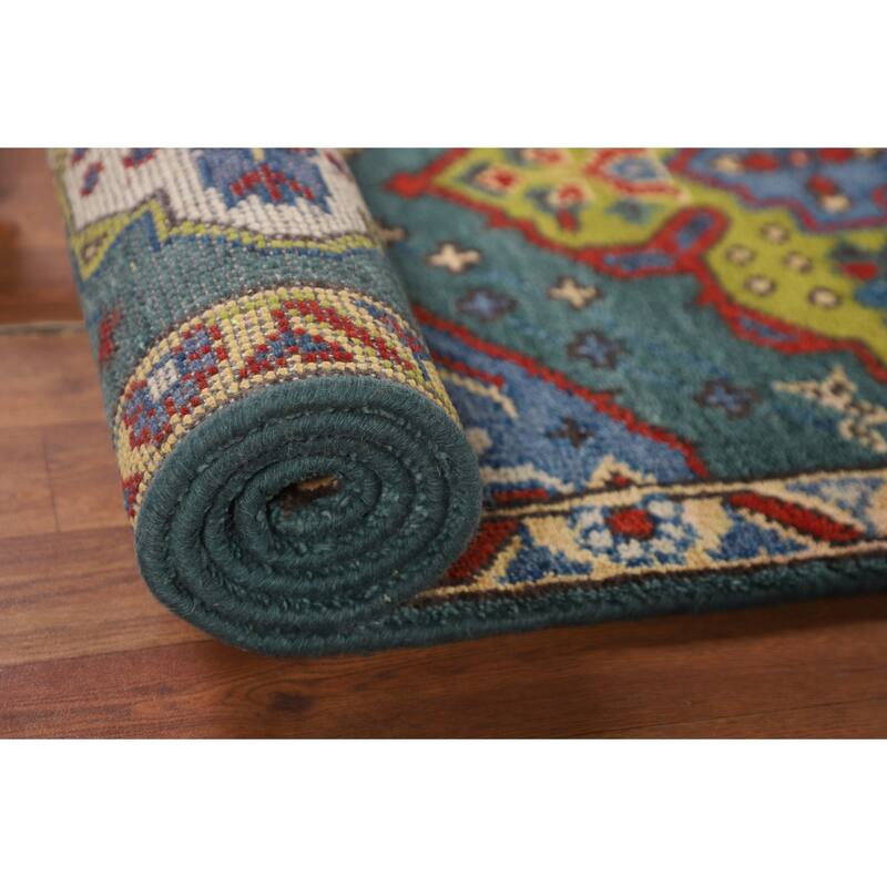 Green Geometric Kazak Oriental Runner Rug Hand-Knotted Wool Carpet - 2'6"x 9'10"