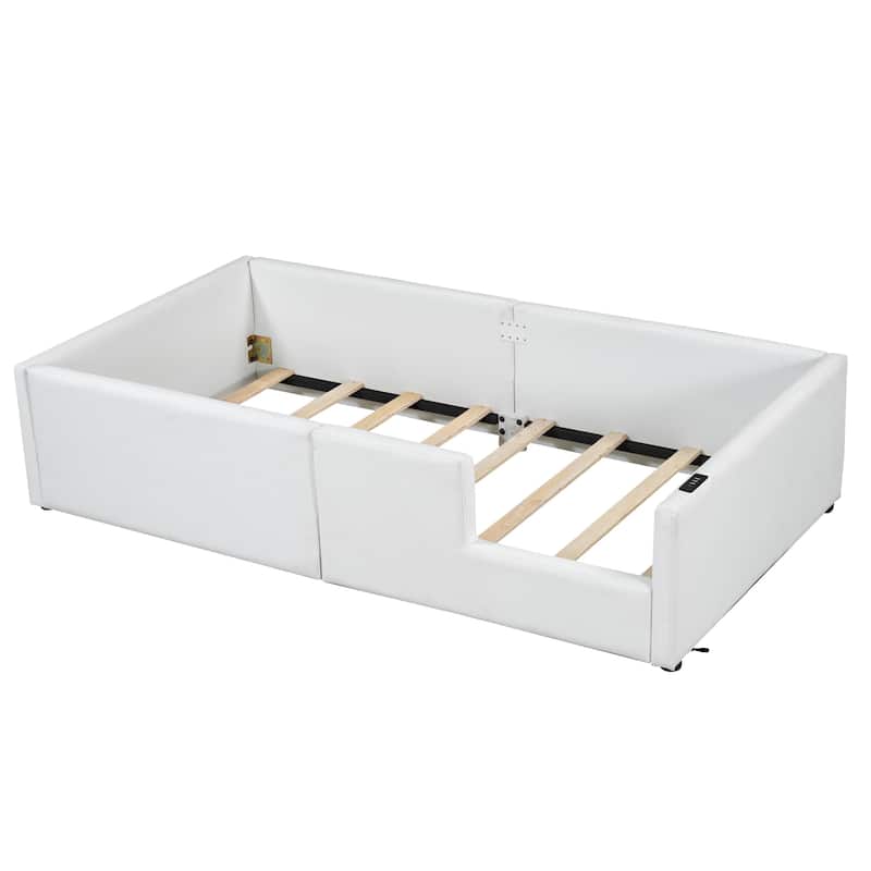 Safe White Twin Upholstered Bed with Guardrail & Charging Station!