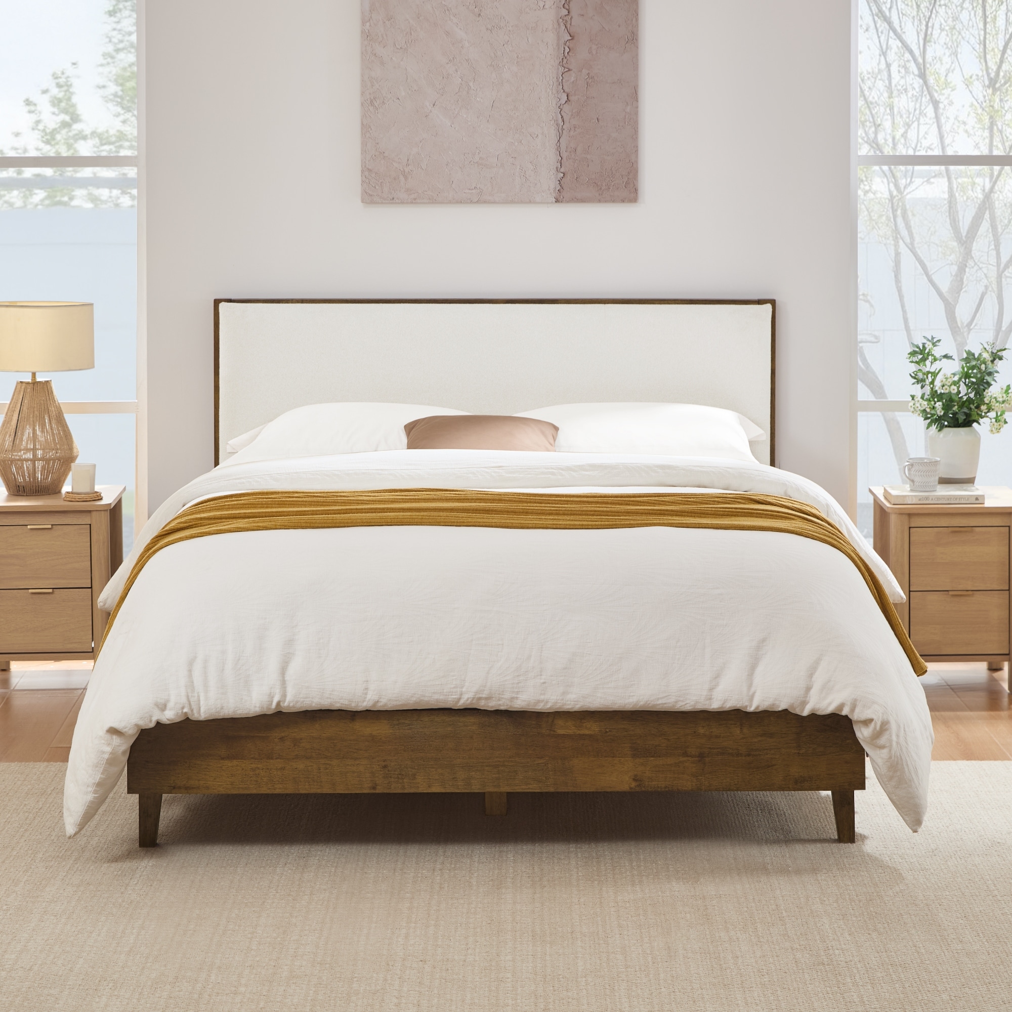 Modern Bouclé Platform Bed with Upholstered Headboard & Solid Wood Frame