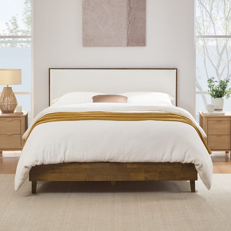 Spruce & Spring Modern Bouclé Platform Bed with Upholstered Headboard & Solid Wood Frame - Walnut - King