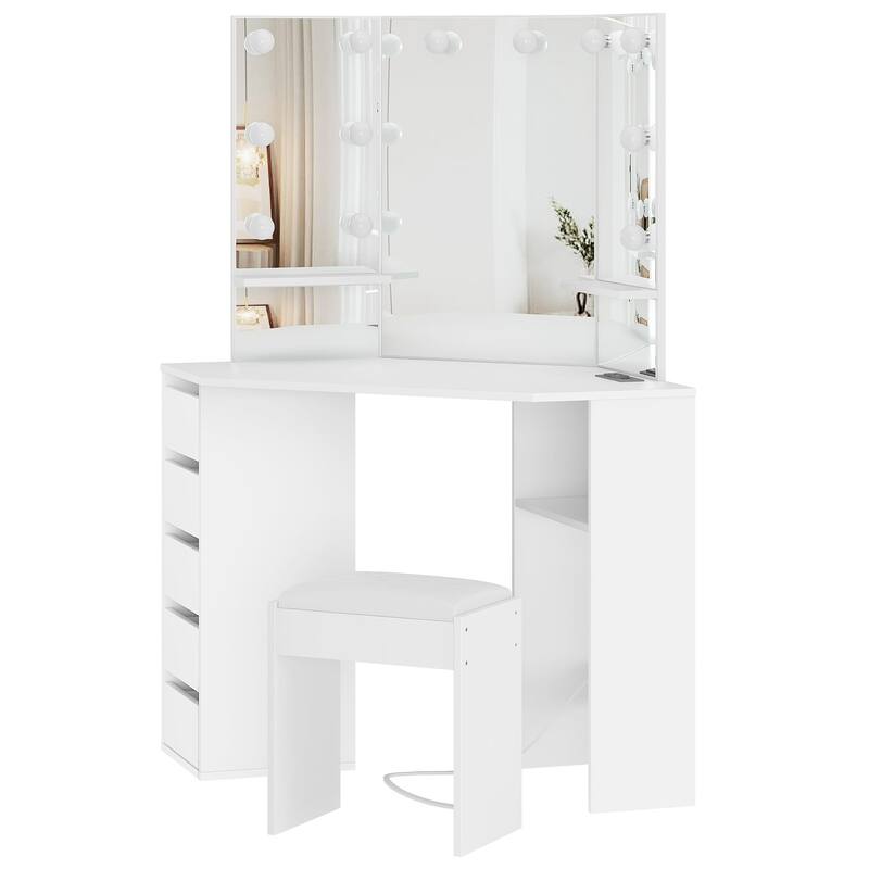 Corner Makeup Vanity Desk with Mirror and Lights