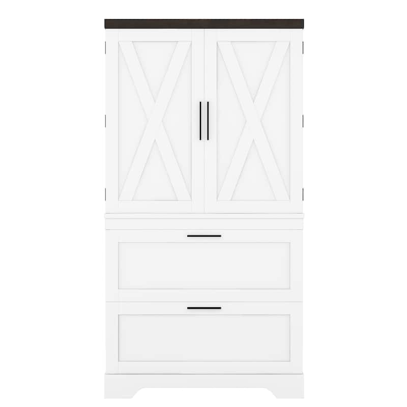 Modern Farmhouse Style Wooden Storage Cabinet with Inside Door Storage Divider, Kitchen Pantry with 2 Drawers