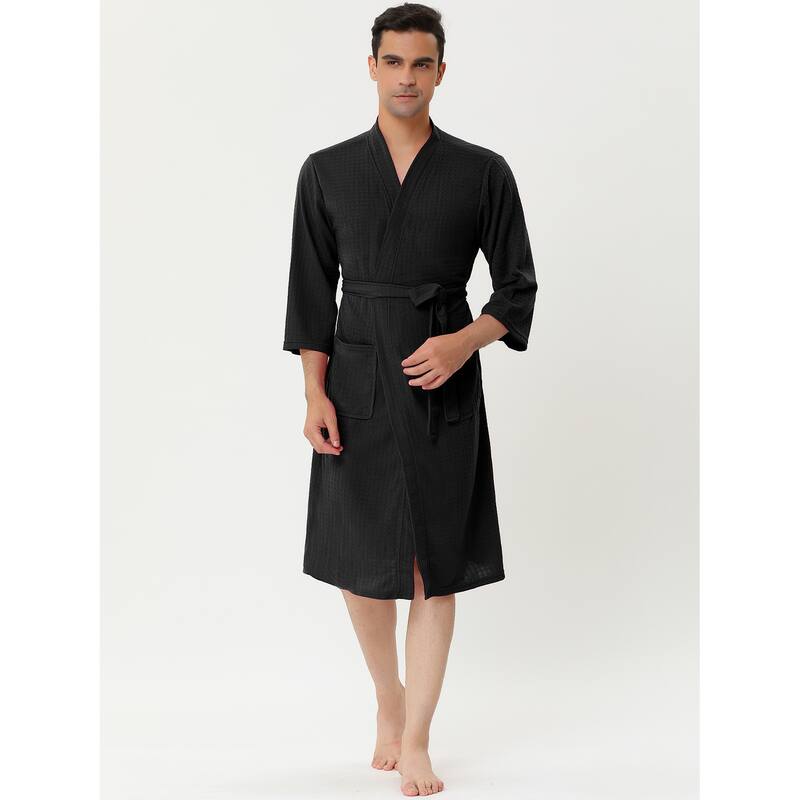 Men's Waffle Bathrobe Solid Color Sleepwear 3/4 Sleeve Kimono Spa Robe