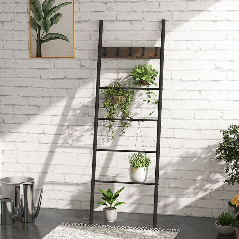 Gymax 5-Tier Ladder Shelf Wall Leaning Blanket Ladder w/5 Removable