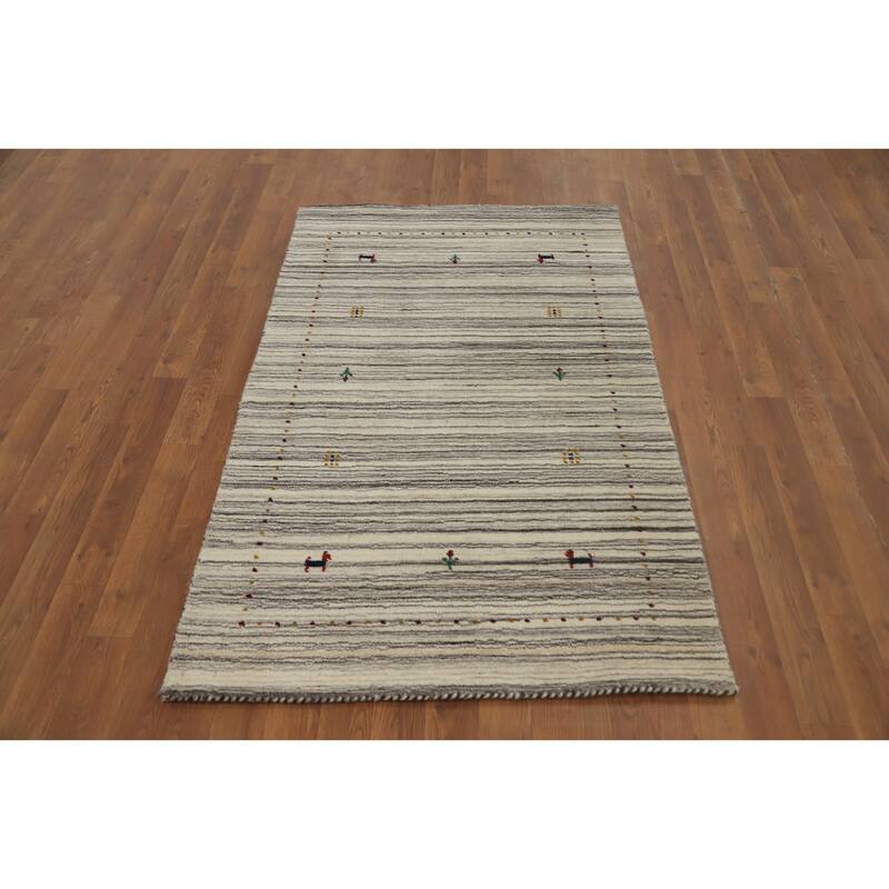 Hand Knotted Oriental 100% Wool Carpet Tribal Animal Pictorial Beige & Ivories Gabbeh Area Rug - 4' 11'' X 3' 0''