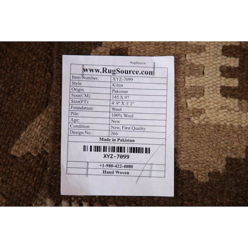 Brown Kilim Oriental Area Rug Flat-weave Wool Foyer Carpet - 3'2" x 4'9"