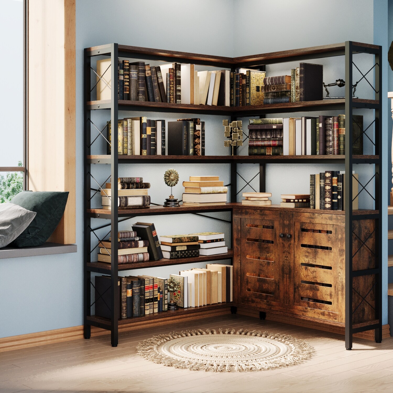 6-Shelf Corner Bookshelf, Vintage Industrial with Storage Cabinet