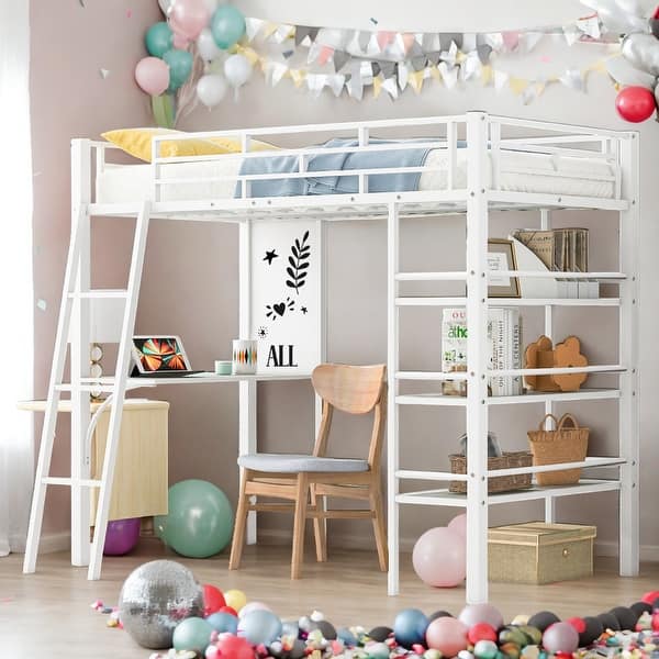 slide 2 of 9, Modern Twin Size Loft Bed with 3 Layers of Shelves and Desk with Whiteboard and Metal Frame for Bedroom White