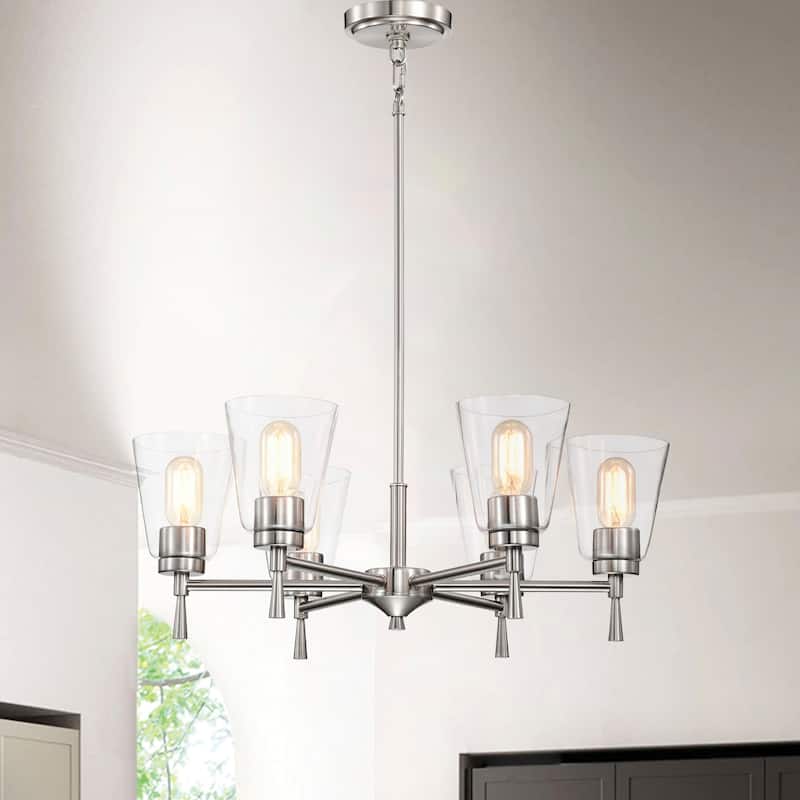 Brushed Nickel 6-Light Modern Chandelier with Clear Cone Glass Shades - Brushed Nickel