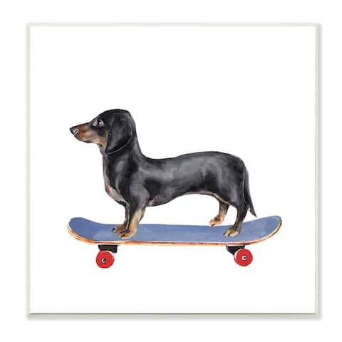 Stupell Industries Dachshund Pet Dog on Blue Skateboard Wood Wall Art - Black