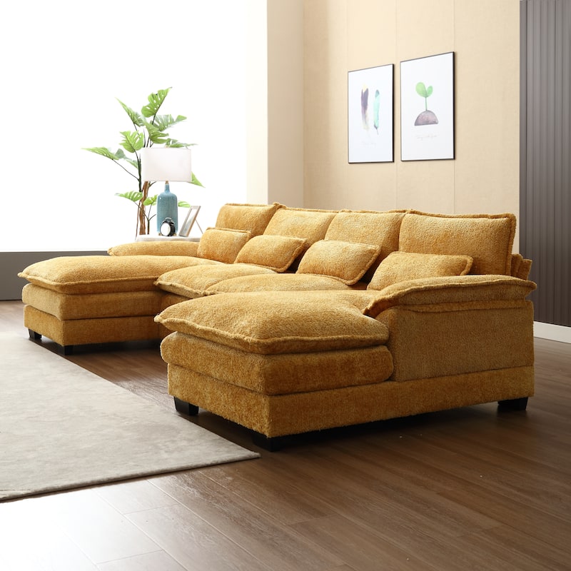 Mustard Yellow Symmetrical Recliner Sofa w/ Chaise & Pillow Top Arms