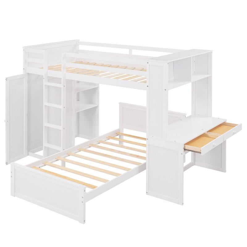 White Twin Size Wood Loft Bed with Stand-alone Bed, Wardrobe, Drawers, Shelves, Desk and Ladder