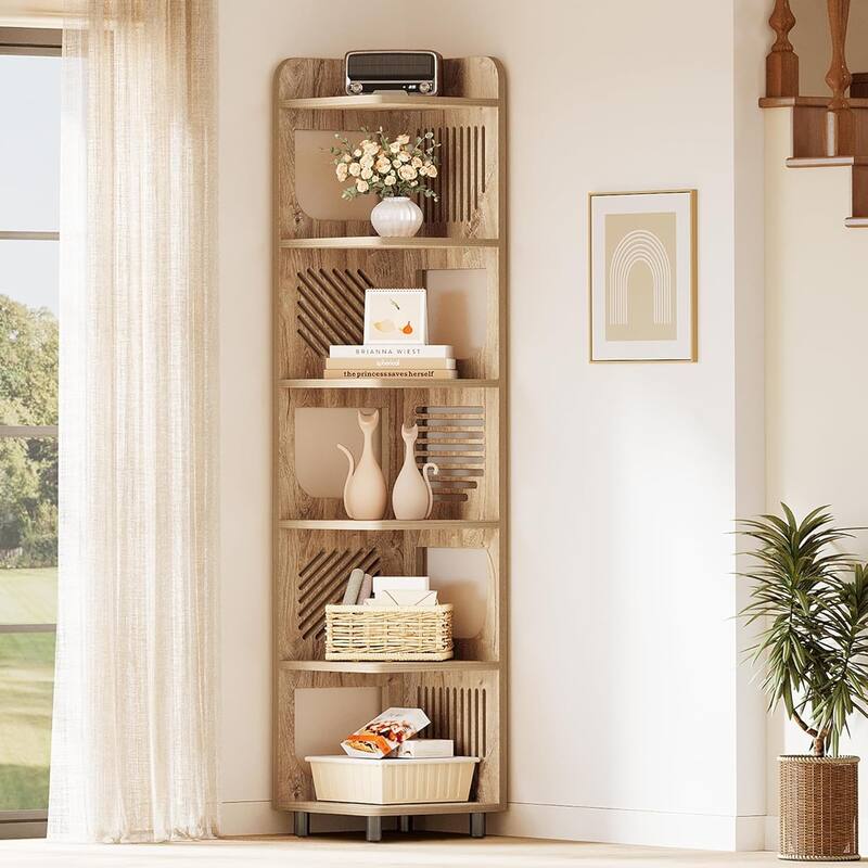 6-Tier Corner Shelf, Rustic Tall Corner Bookshelf for Living Room, Bedroom, Office