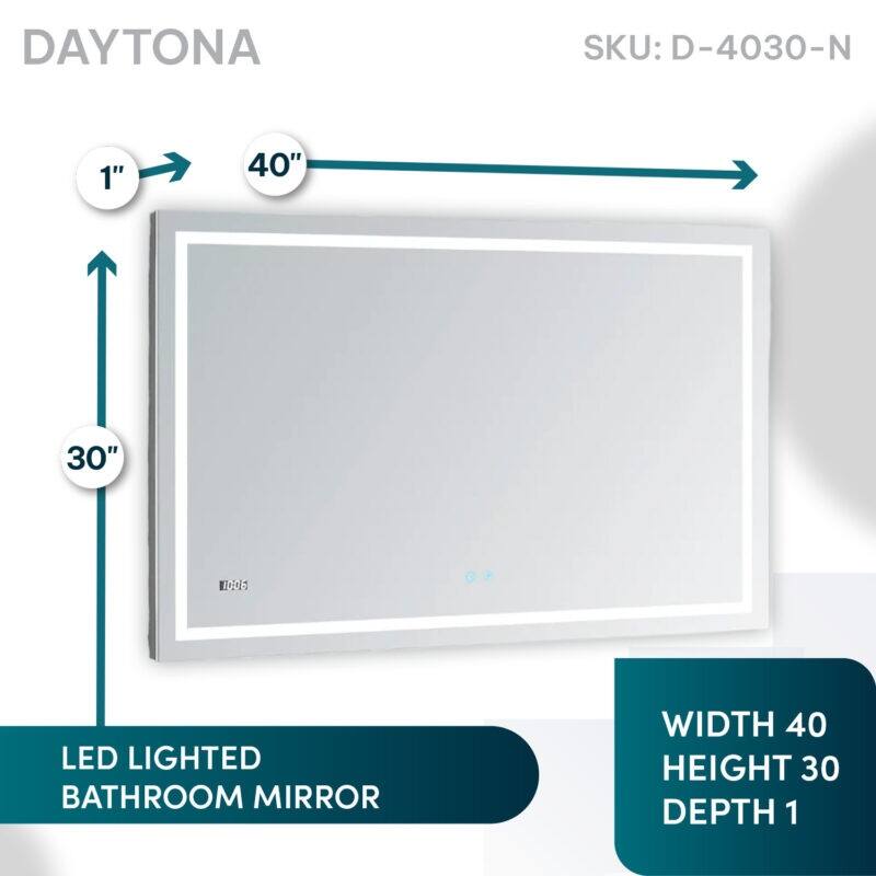 AQUADOM Daytona 40" Led Lighted Mirror for Bathroom Defogger, Digital Clock - 40"x30"x1"