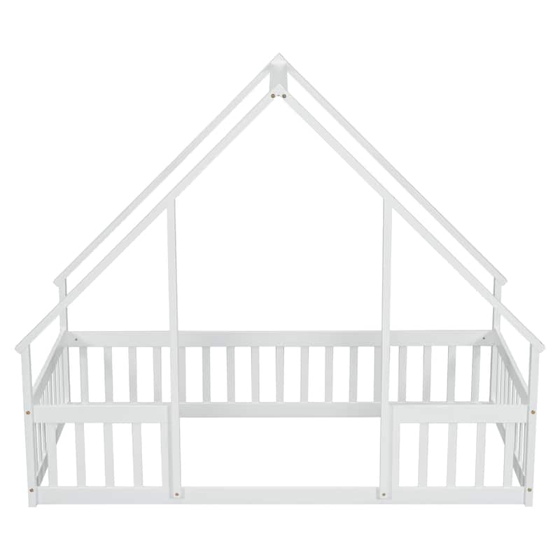 Twin Wood House-Shaped Floor Bed with Fence, Guardrails