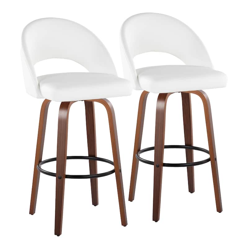 Renee Upholstered 30" Fixed-Height Barstool - Set of 2 - White Faux Leather/Walnut