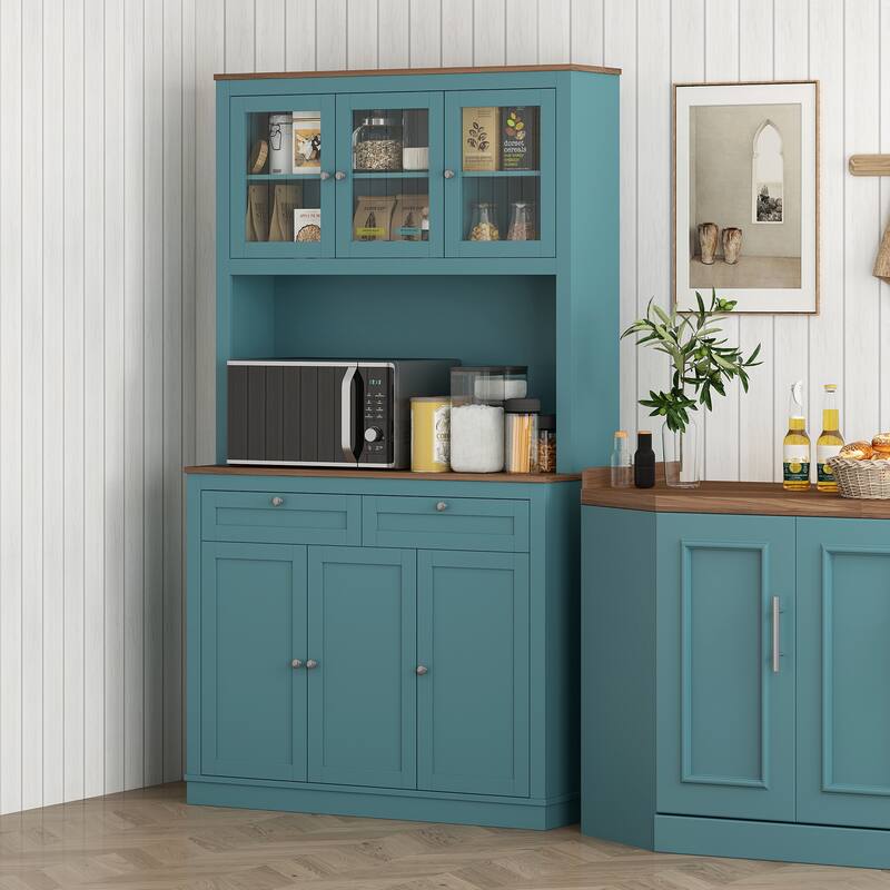 Tall Adjustable Shelves Kitchen Pantry Cabinet with Glass Doors and 8 Compartments 2 Drawers - 39.4" W x 15.7" D x 70.9" H